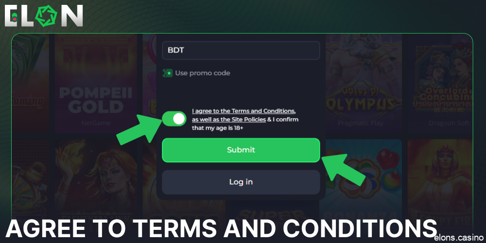 Agree to the terms and conditions on ElonBet Casino