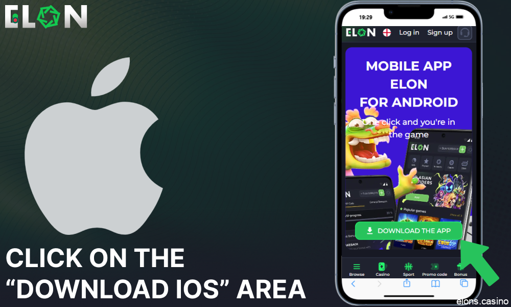 Click on the “Download iOS” area on Elon Casino website