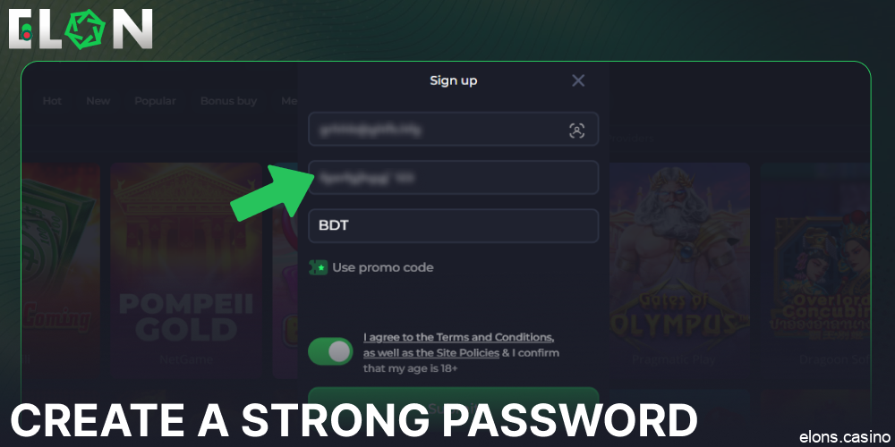 Create a strong password on Elon Casino