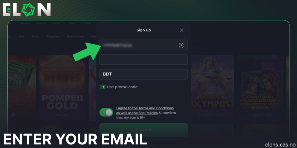 Enter your email on ElonBet website