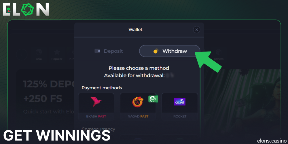 Get winnings on Elon Casino