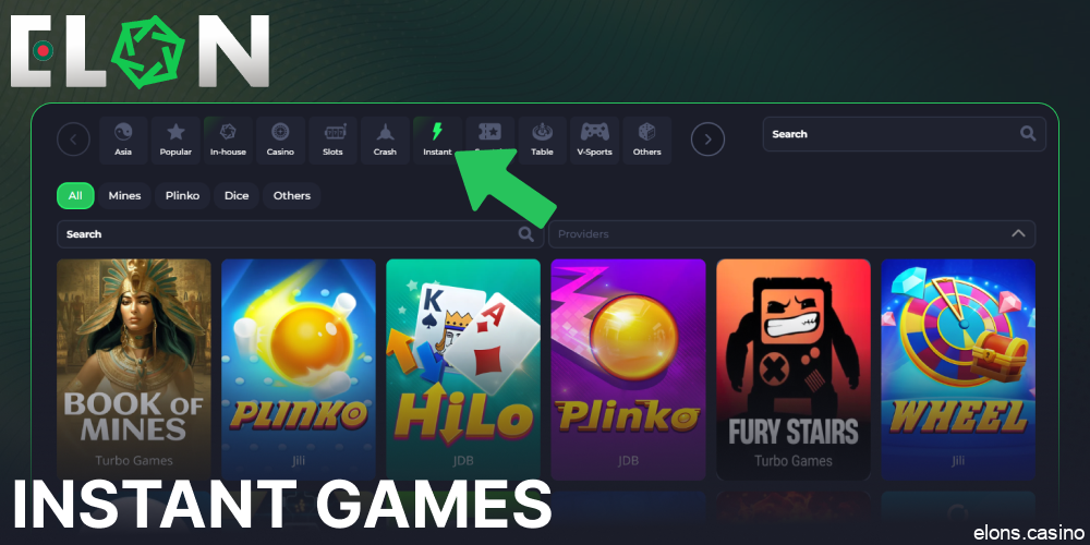 Instant games available on Elon Casino for players from Bangladesh