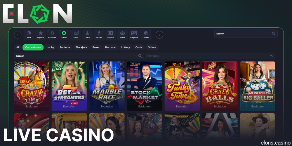 Live Casino games available on Elon Casino Bangladesh