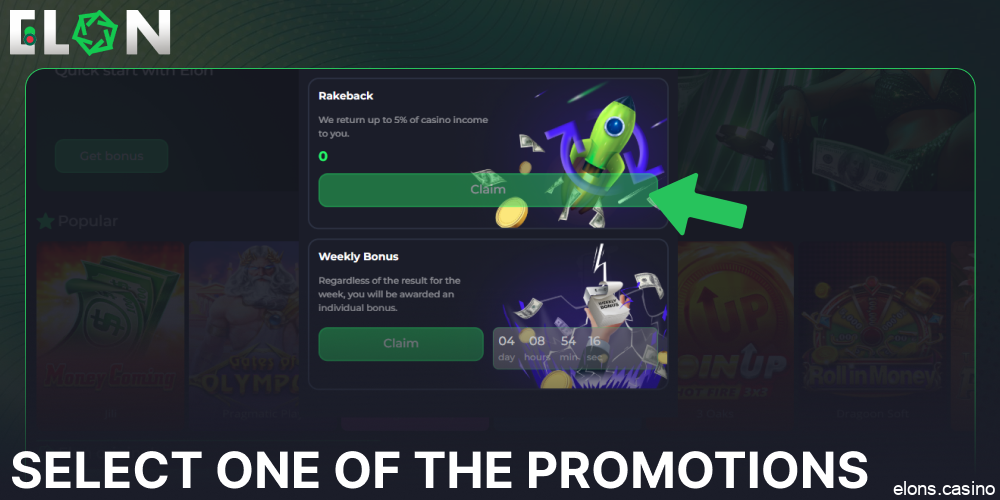 Select one of the promotions on Elon Casino