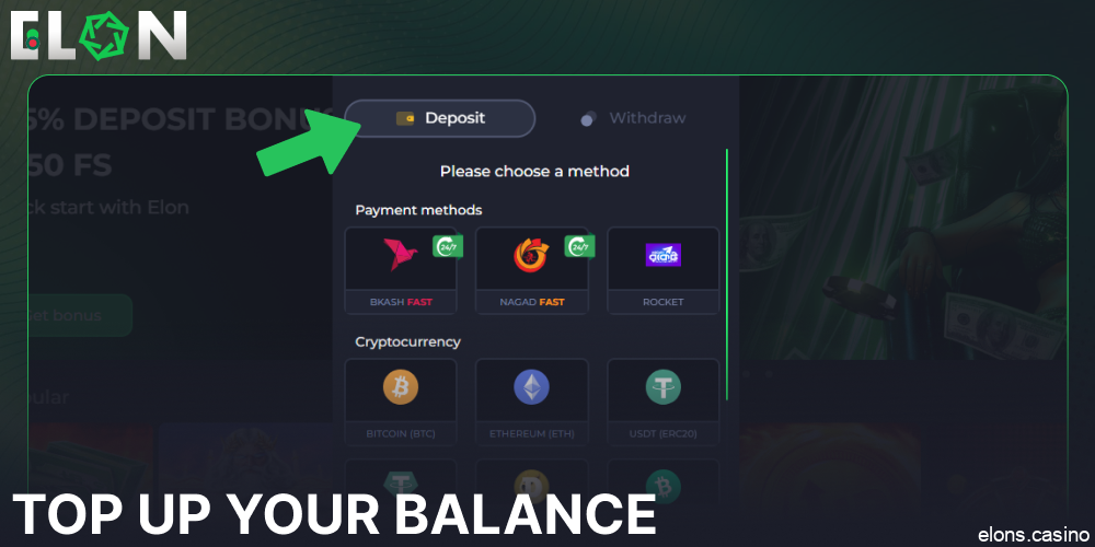 Top up your balance on Elon Casino