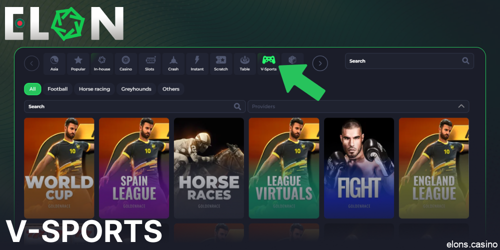 V-sports betting options available on Elon Casino for players from Bangladesh